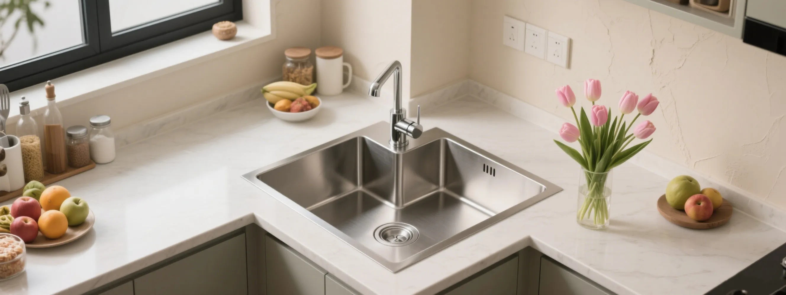 Corner kitchen sink with angled design in stainless steel, embedded in gray countertop with white cabinets, window with blinds, and wooden cutting board visible